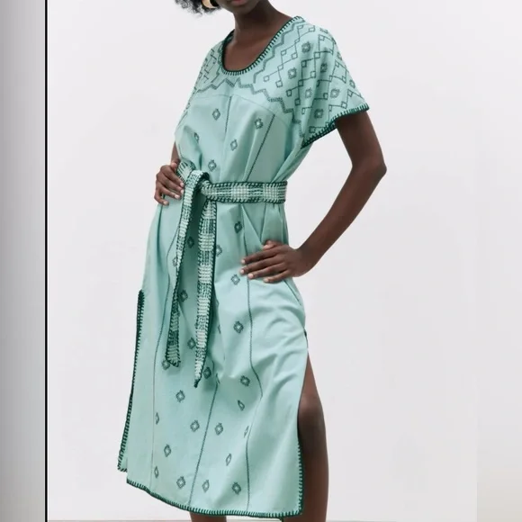 Zara Mint Green Embroidered Dress Midi Dress Kaftan Size extra small - Picture 3 of 13